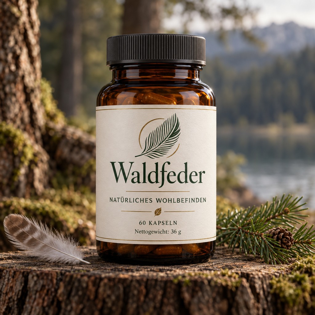 Waldfeder in einer Produktaufnahme mit lesbarem Etikett